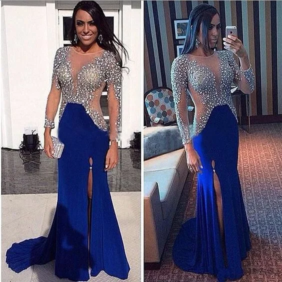 sexy formal dresses long sleeve beaded mermaid royal blue crystal elegant evening dresses