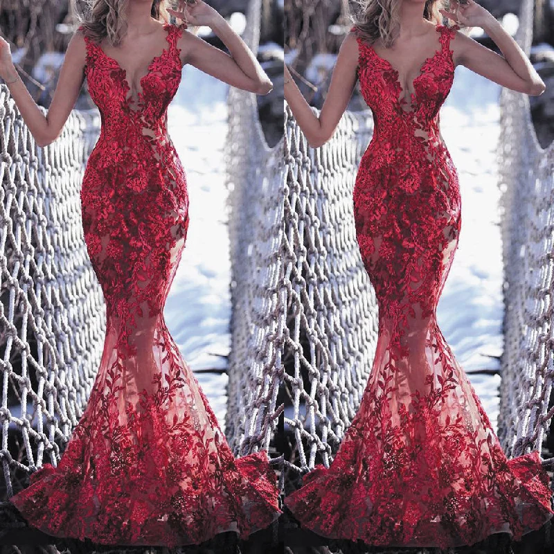 red evening dresses long sleeve lace appliqué mermaid v neck sheer back sexy formal dresses vestido de Longo