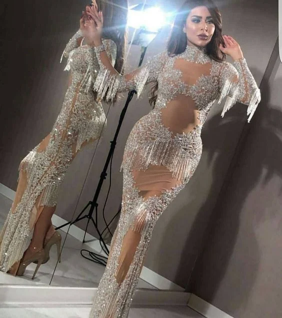 sparkly tassel evening dresses long mermaid high neck beaded applique modest arabic evening gown