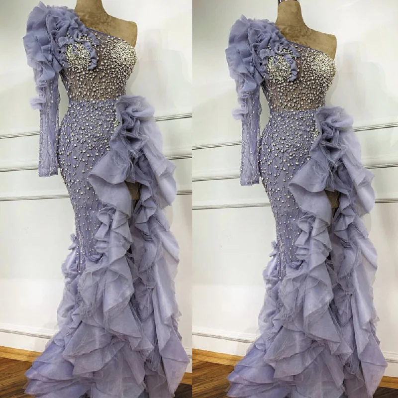 one shoulder evening dresses long luxury 2020 beaded crystals deep purple elegant modest evening gown