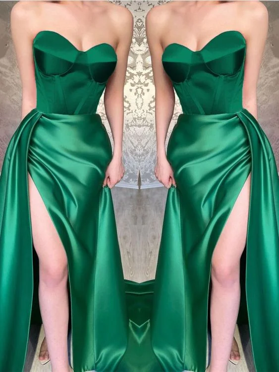 Long Emerald Green Corset Satin Prom Dress With Leg Slit c2792