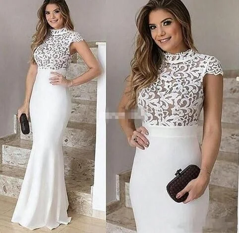 white evening dresses long lace appliqué high neck mermaid elegant sexy formal dress 2021