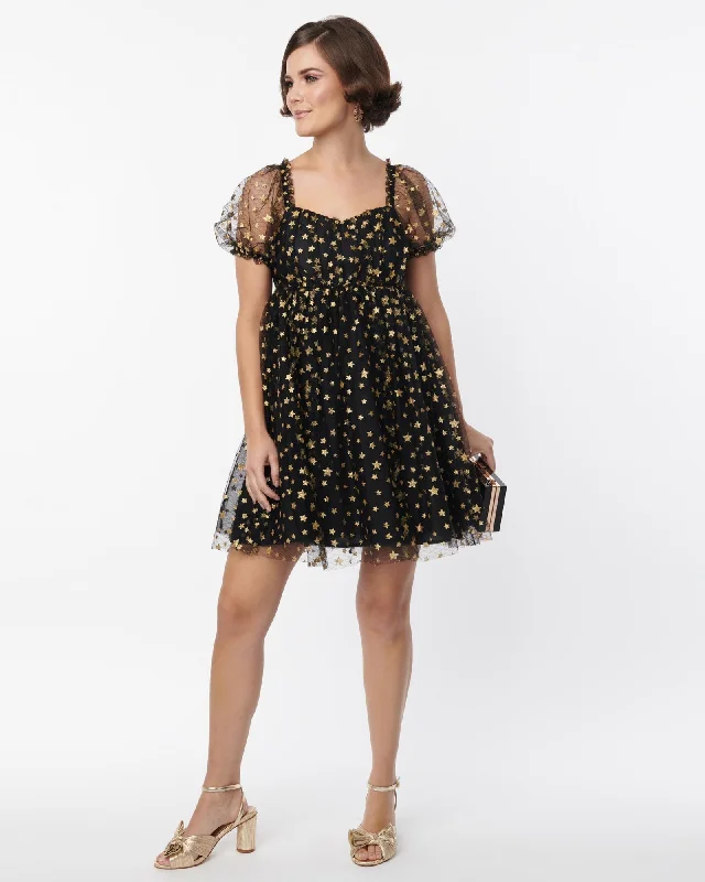 Unique Vintage Black Gold Star Mesh Babydoll Belle Dress | Black