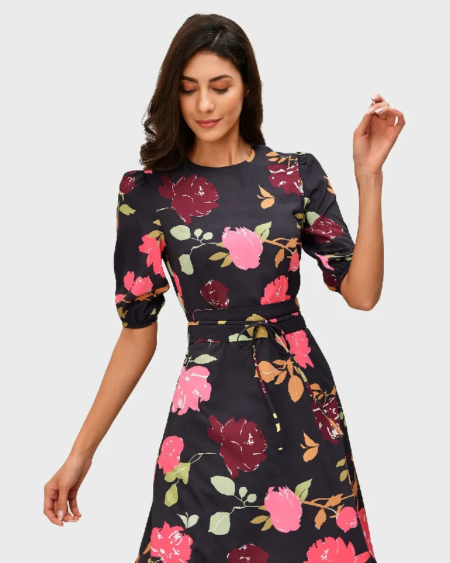 Floral Print Crepe Obi Belt A-Line Dress | Black