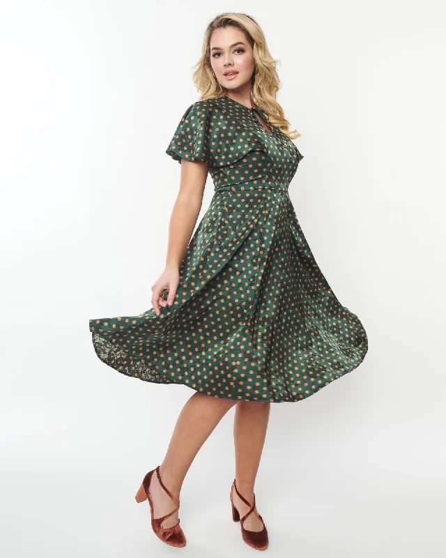 Unique Vintage Hunter Green & Rust Polka Dot Swing Dress | Green