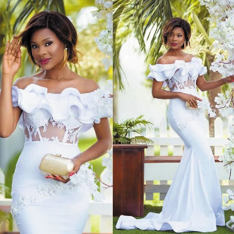 off the shoulder white evening dresses 2020 mermaid lace appliqué floral elegant evening gowns 2021