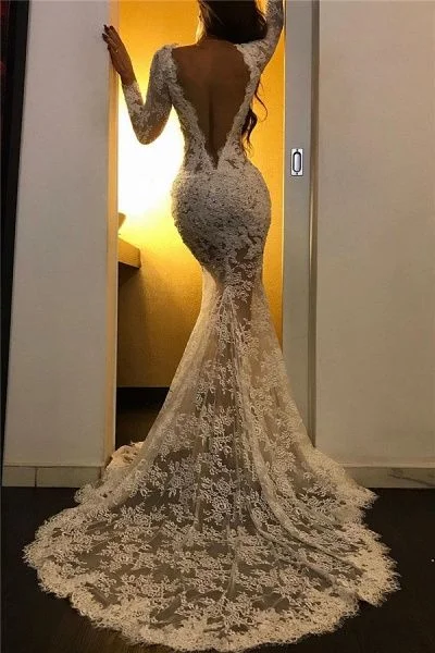 lace evening dresses long sleeve mermaid appliqué open back elegant sexy formal dresses