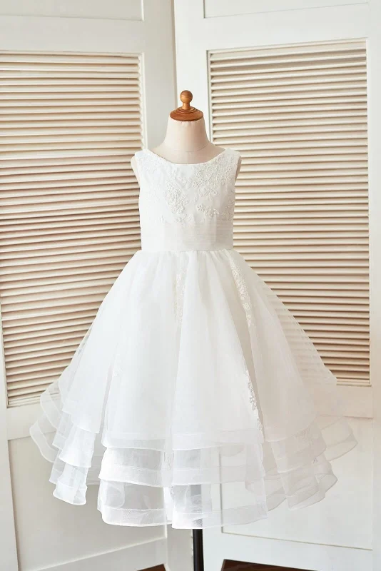Cupcake Ivory Lace Tulle Wedding Flower Girl Dress, Horsehair