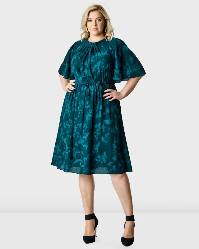 Tie-Dye Floral Print Crepe Elastic Waist Dress | Aqua
