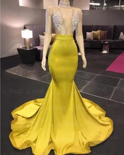 sexy formal dresses high neck beaded mermaid evening dresses long satin elegant vestido de Longo