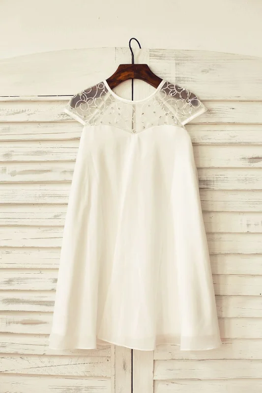 Boho Sheer Neck Ivory Chiffon Flower Girl Dress