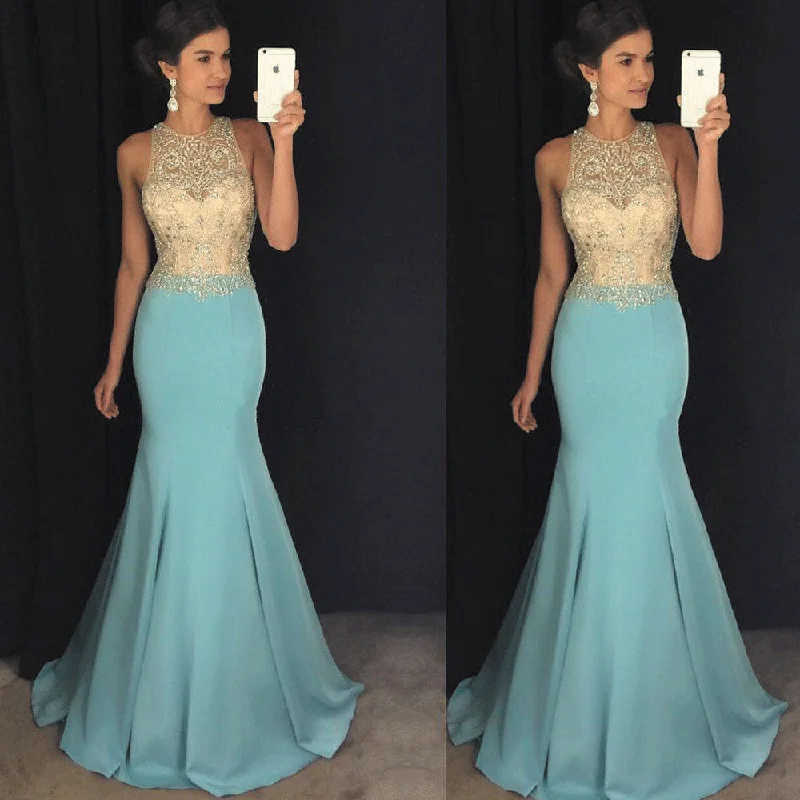 sleeveless blue evening dresses long mermaid beaded elegant modest crystals women formal evening gown