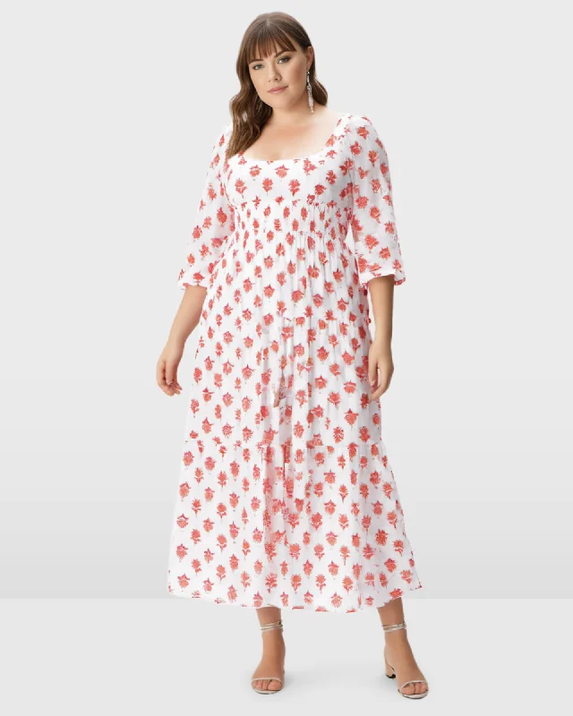 Smocked Empire Floral Block Print Cotton Tier Dress | Light pink