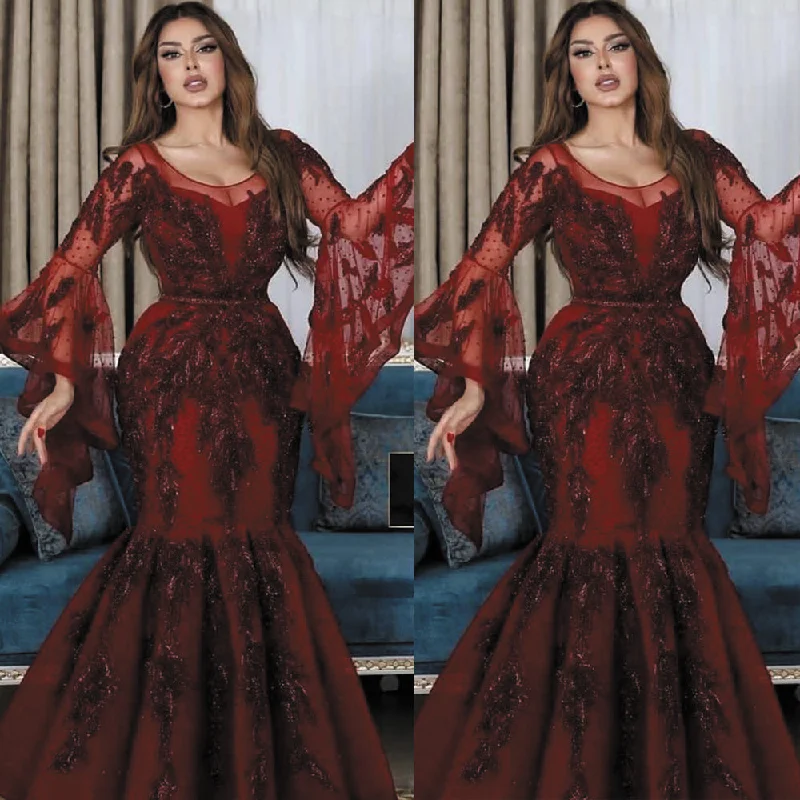 modest evening dresses long flare sleeve lace appliqué Burgundy elegant luxury arabic formal dresses