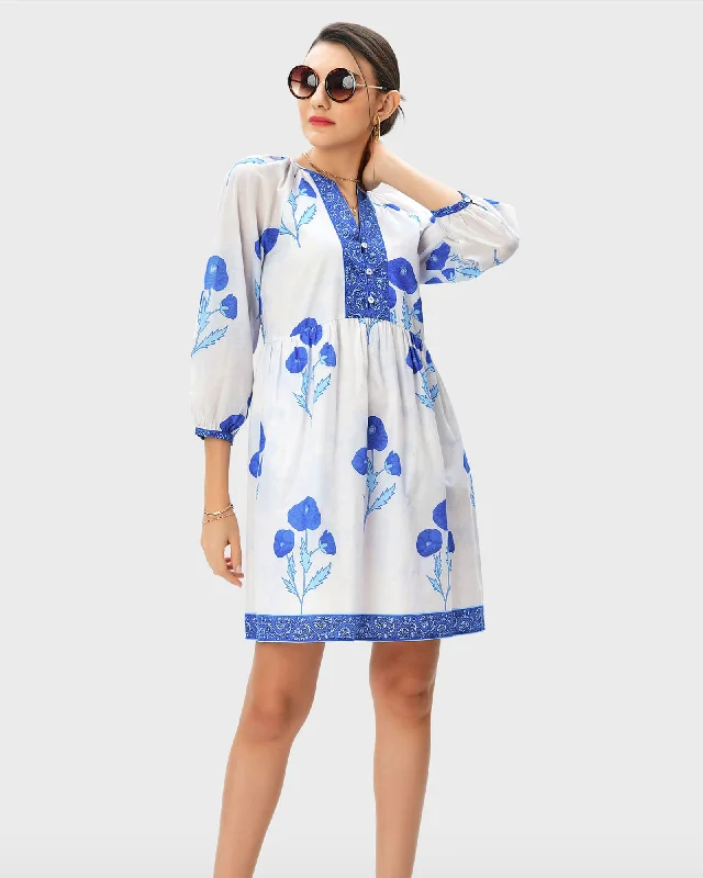 Floral Print Cotton Voile Tunic Dress | Blue
