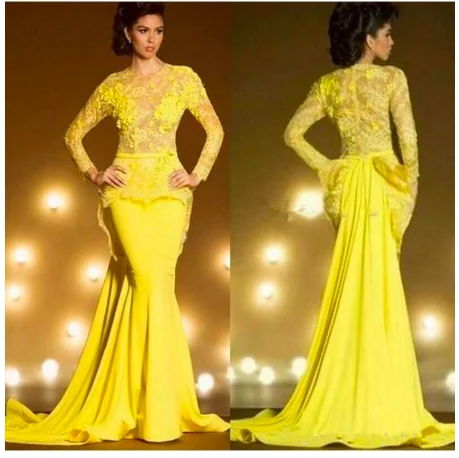 yellow evening dresses long sleeve elegant mermaid pleated lace applique evening gown mother of the bride dresses