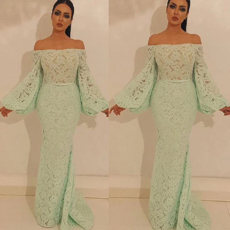 mint green lace evening dresses long flare sleeve boat neck elegant mermaid modest formal dress evening gowns
