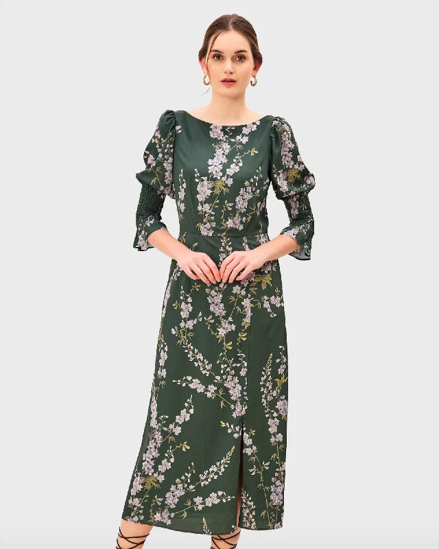 Floral Print Crepe A-Line Dress | Deep Green
