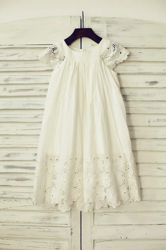 Vintage Ivory Cotton Eyelet Lace Cap Sleeves Flower Girl Dress