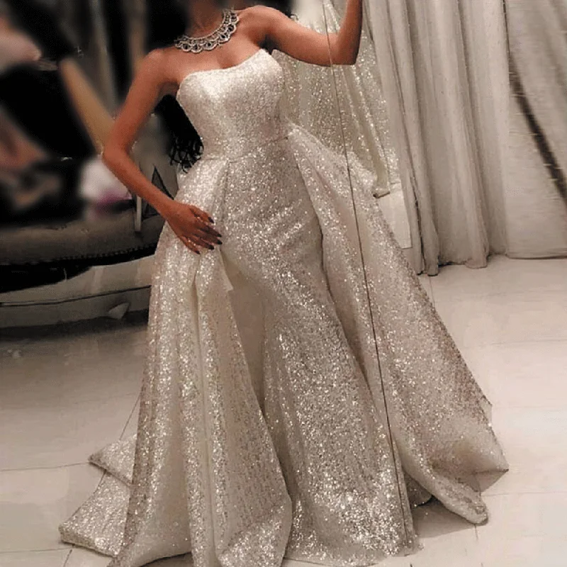 sparkly evening dresses for women detachable skirt elegant strapless sequin bling evening gown