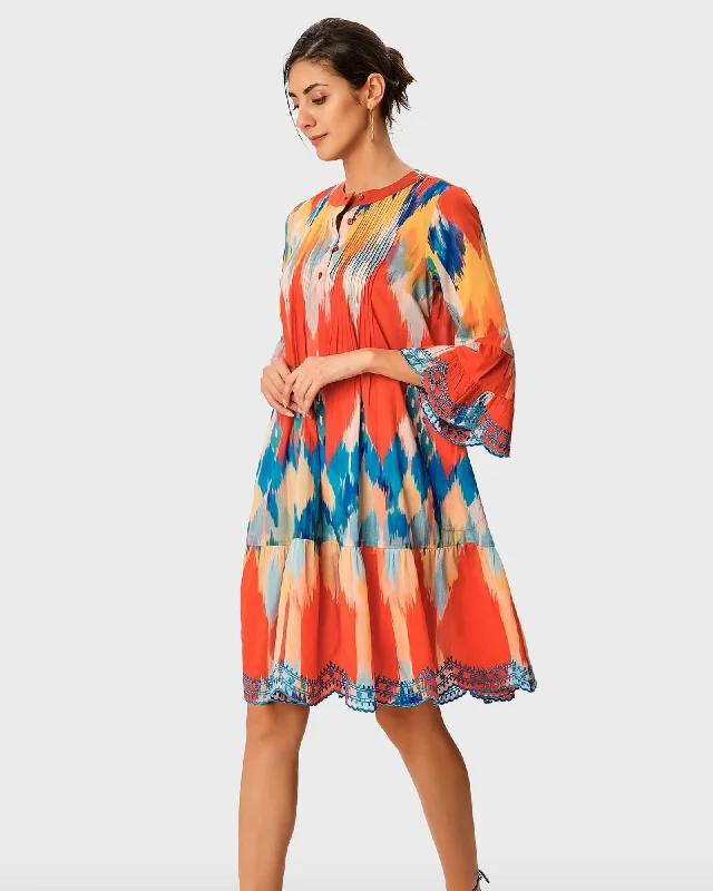Scallop Embroidery Ikat Print Cotton Voile Shift Dress | Blue