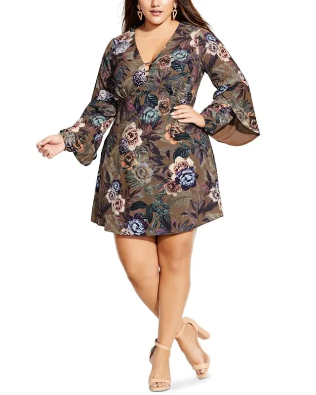 City Chic Women's Plus Floral Print Office Wear to Work Dress Brown Size Petite Small | Brown