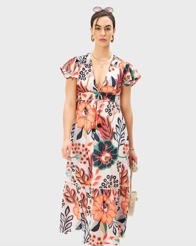 Lattice Trim Floral Print Cotton Voile Banded Empire Dress | Beige Multi
