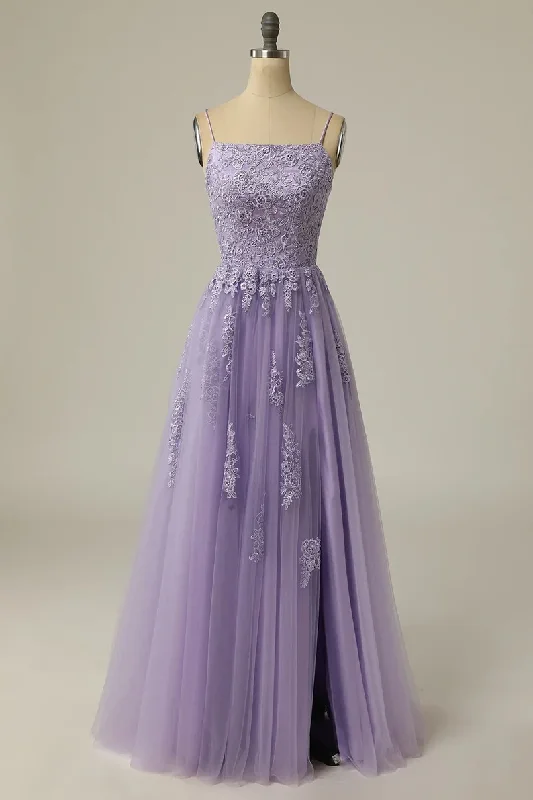 A Line Bateau Appliques Spaghetti-Straps Sleeveless Prom Dresses cc420