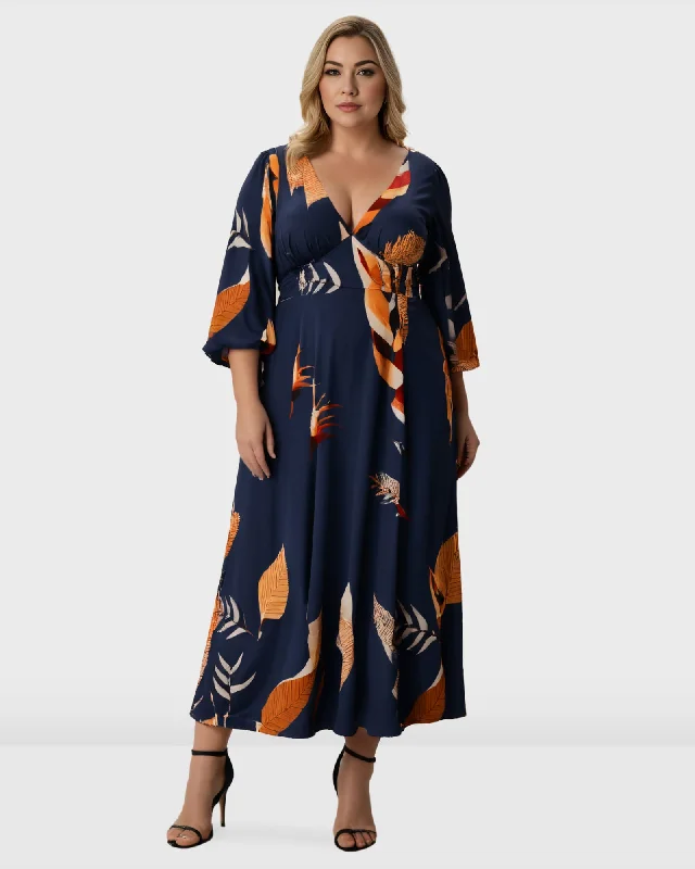 Leaf Print Crepe Banded Empire Dress | Navy