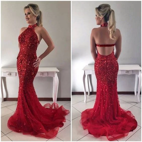 backless evening dresses long high neck red sparkly beaded mermaid modest sexy formal evening gown