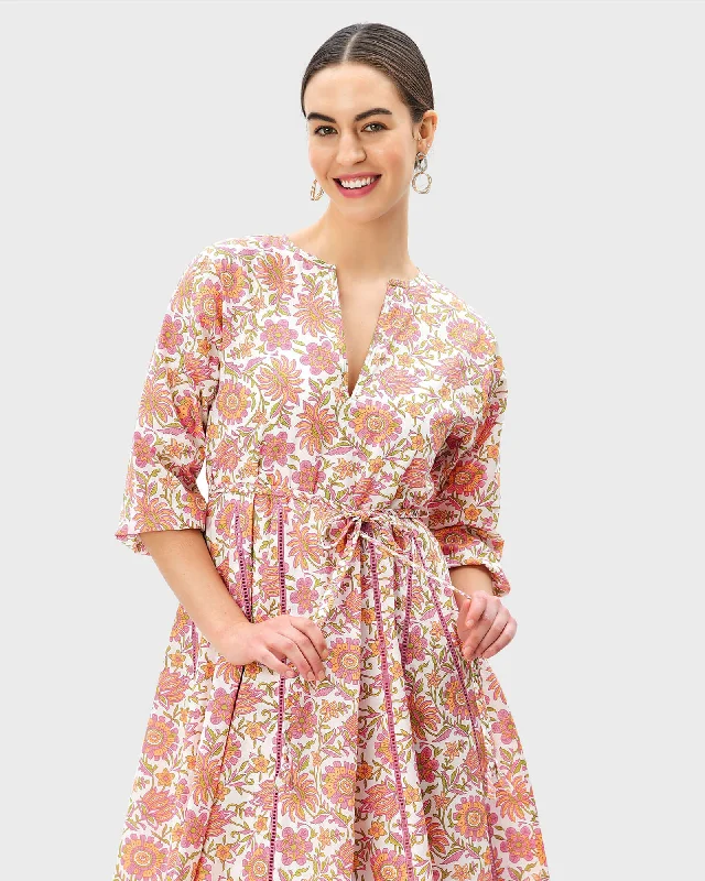 Lattice Trim Floral Print Cotton Sash-Tie Dress | White