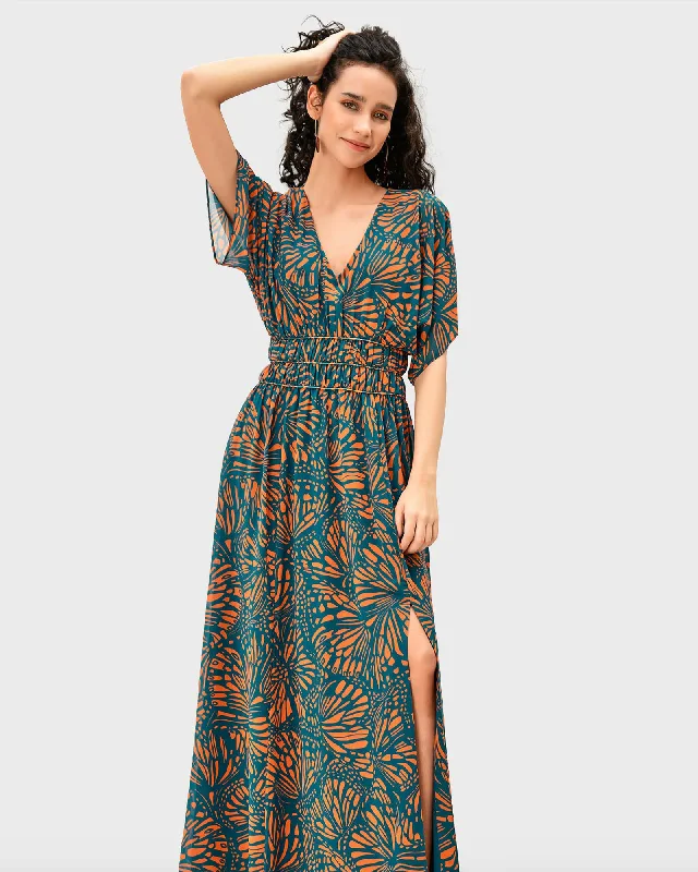 Graphic Butterfly Print Georgette Smocked Waist Dress | Deep teal