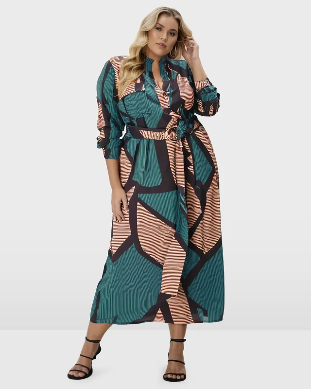 Self-Belt Geo Stripe Print Crepe Dress | Pink