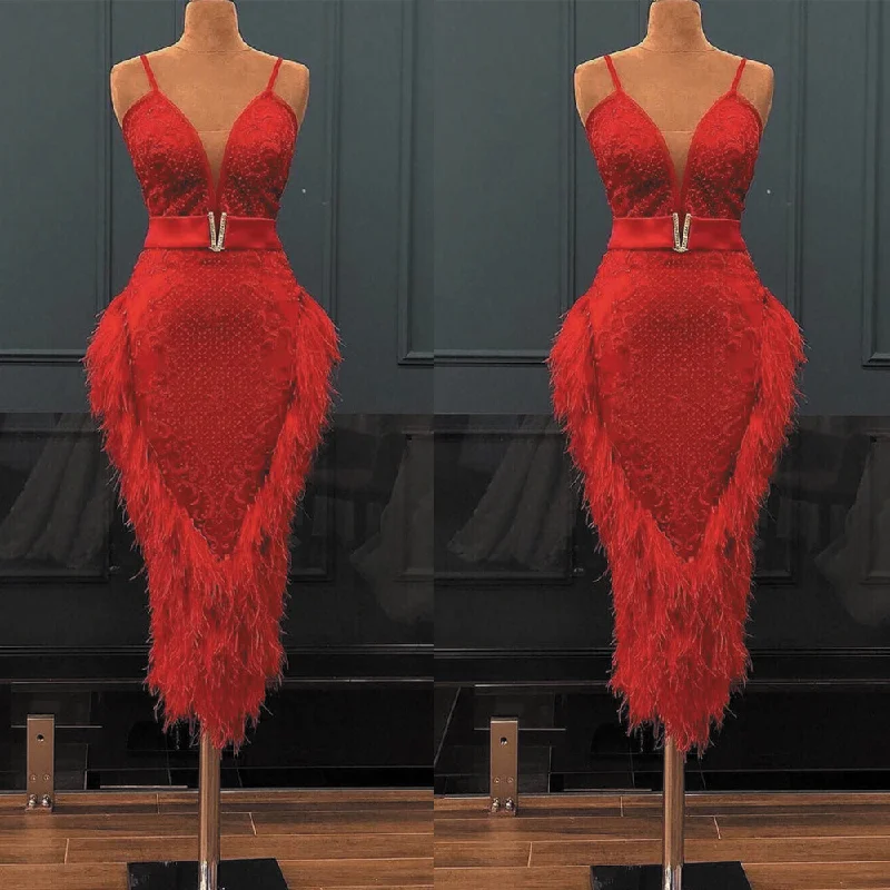 red feather evening dresses 2020 spaghetti strap lace applique ankle length elegant formal evening gown 2021