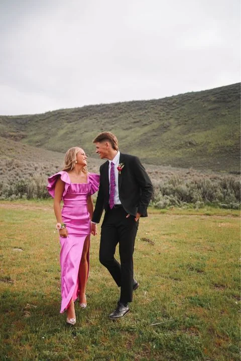 Elegant Square Neck Short Sleeves Long Prom Dress with Slit,DP1196