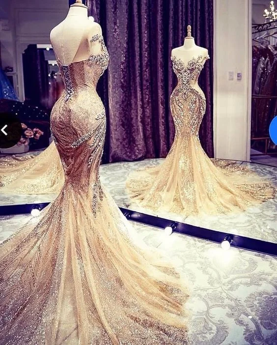 sparkly gold evening dresses long mermaid crystals beaded modest luxury elegant formal gowns