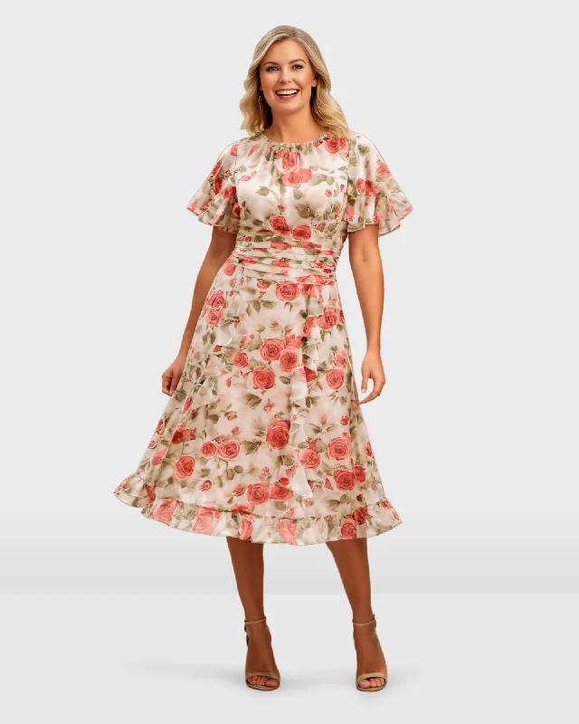 Ruffle Rose Print Georgette Pleat Waist Dress | Beige