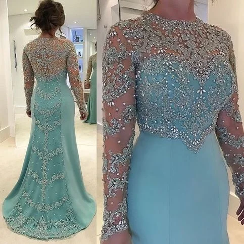 blue evening dresses long sleeve mermaid crystal beaded elegant evening gown mother of the bride dresses