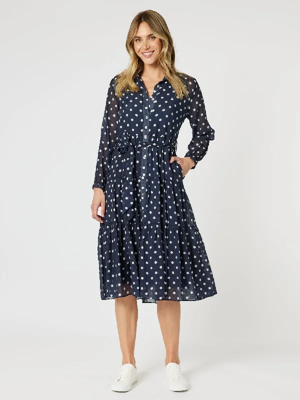 Sorrento Spot Button Dress - Navy/White