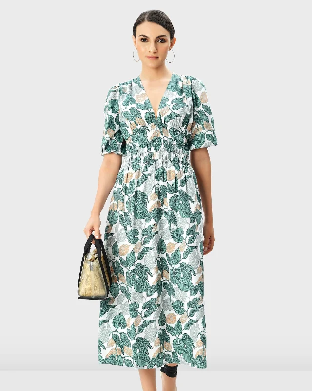 Smocked Empire Waist Leaf Print Cotton Poplin Dress | White