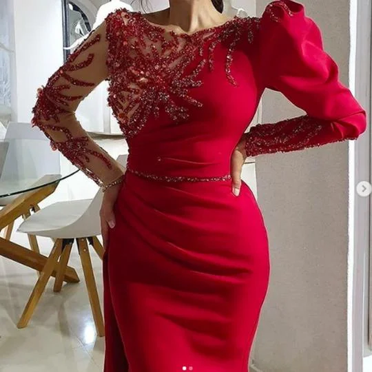 red evening dresses long sleeve beaded mermaid modest elegant evening gown vestido de longo