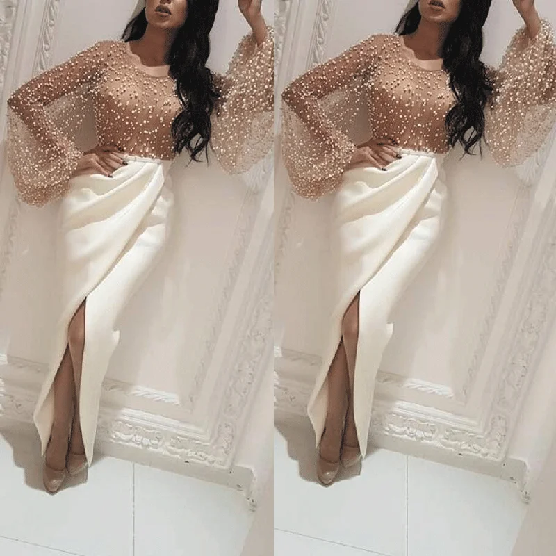 flare sleeve beaded evening dresses long mermaid peals ivory modest cheap formal dresses casemento