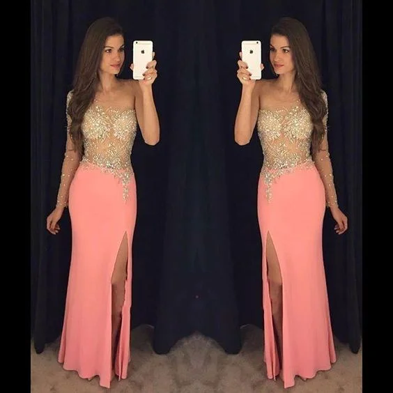 crystals evening dresses long sleeve mermaid coral sheer top sexy formal dresses vestido Longo