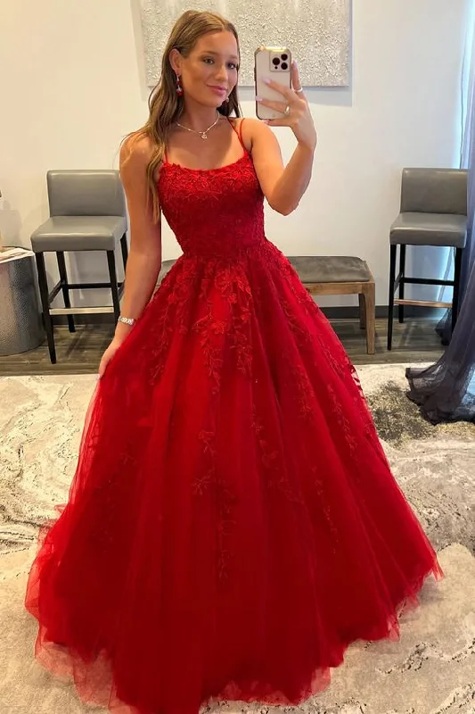 Red Spaghetti Straps Long Prom Dress with Appliques cc451