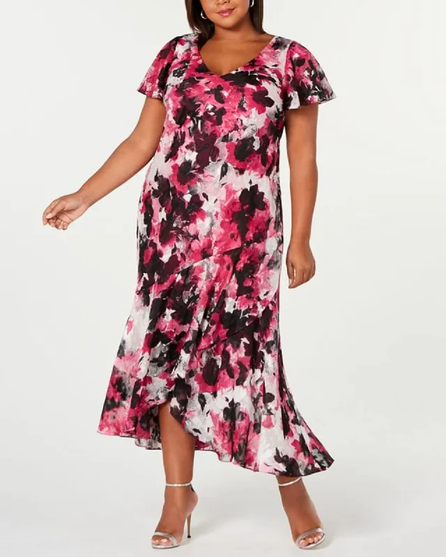 Alex Evenings Women's Plus Printed High Low Dress Pink Size 14W | Pink