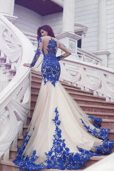 royal blue lace applique evening dresses long sleeve mermaid modest simple evening gown 2021