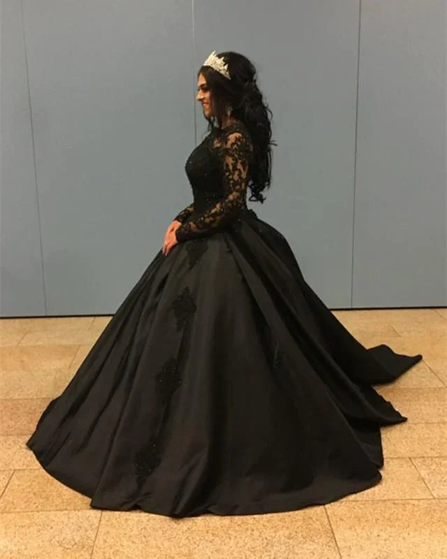 New Arrival Black Long Sleeves Satin Ball Gown Prom Dresses With Appliques cc460
