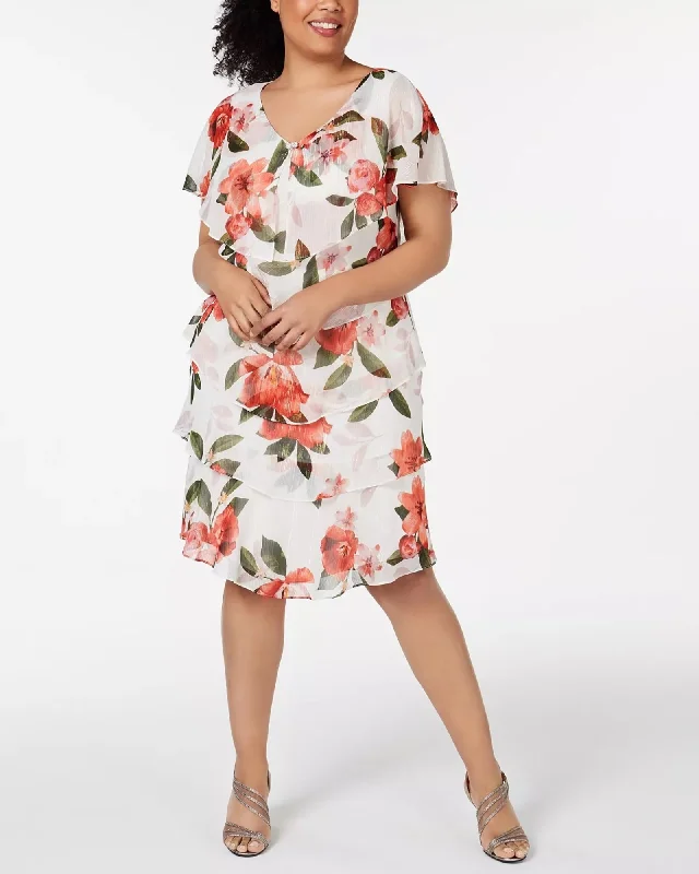 SL Fashions Women's Plus Tiered Shift Dress White Size 18W | Red