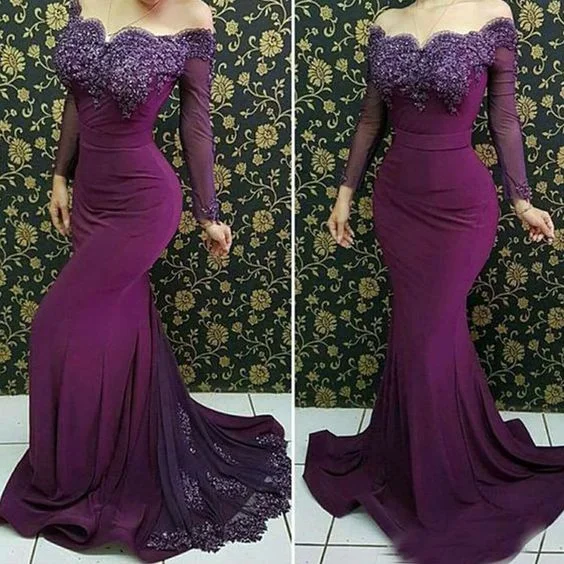 off the shoulder mermaid evening dresses long sleeve 2020 lace appliqué modest beaded elegant Burgundy evening gown 2021