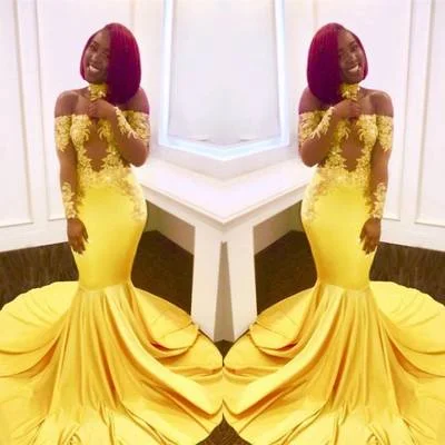 yellow evening dresses long sleeve off the shoulder lace appliqué beaded mermaid African evening gowns